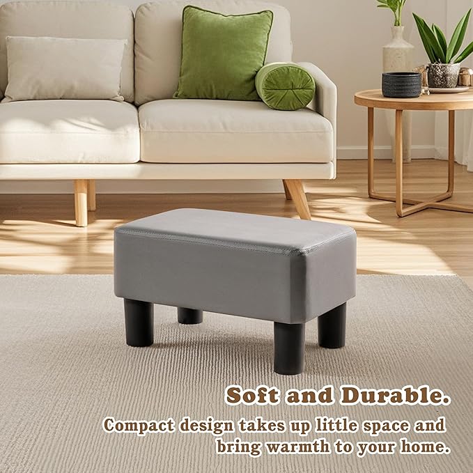 VECELO Small Foot Stool Ottoman, PU Foot Rest with Legs, Rectangle Footrest for Living Room Couch, Gray