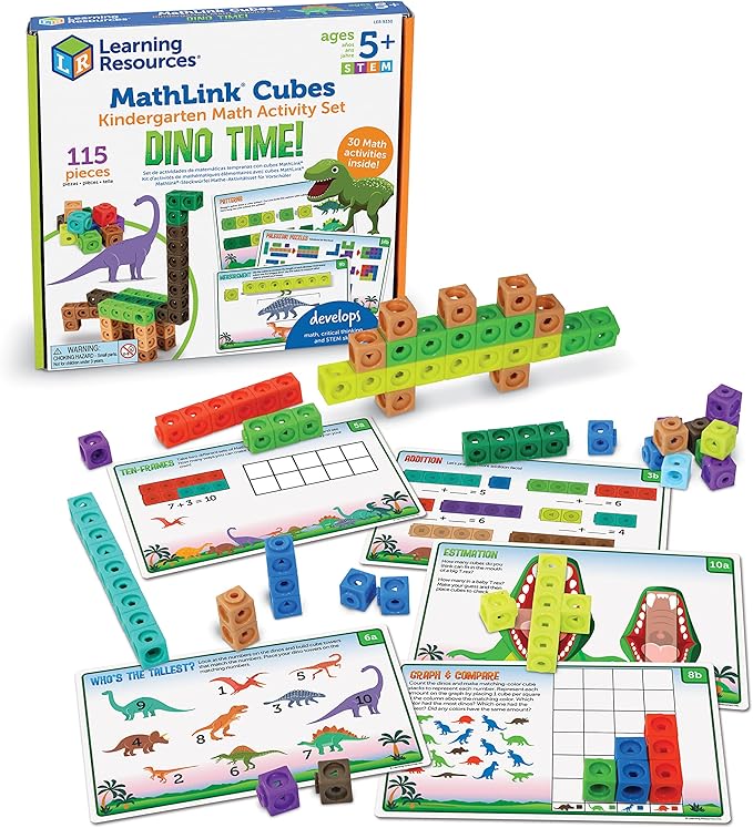 Learning Resources MathLink Cubes Kindergarten Math Activity Set: Dino Time! - Math Manipulatives for Elementary School, Kindergarten Toys, Counting Blocks for Classroom Centers and Homeschool