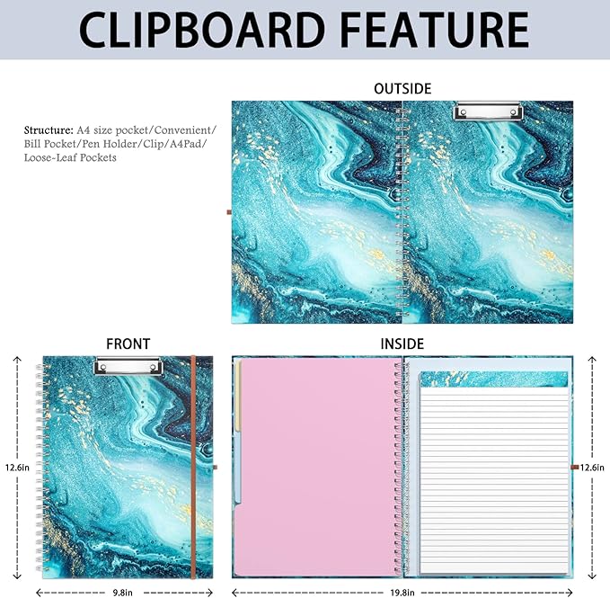 Rimilak Spiral Clipboard Folio with Refillable Lined Notepad, 14.5 x 9.8 In, Hardcover Cover with 5 Interior Pockets, Elastic Band and Pen Loop Series. Cute Stylish Clipfolio, Teal Marble