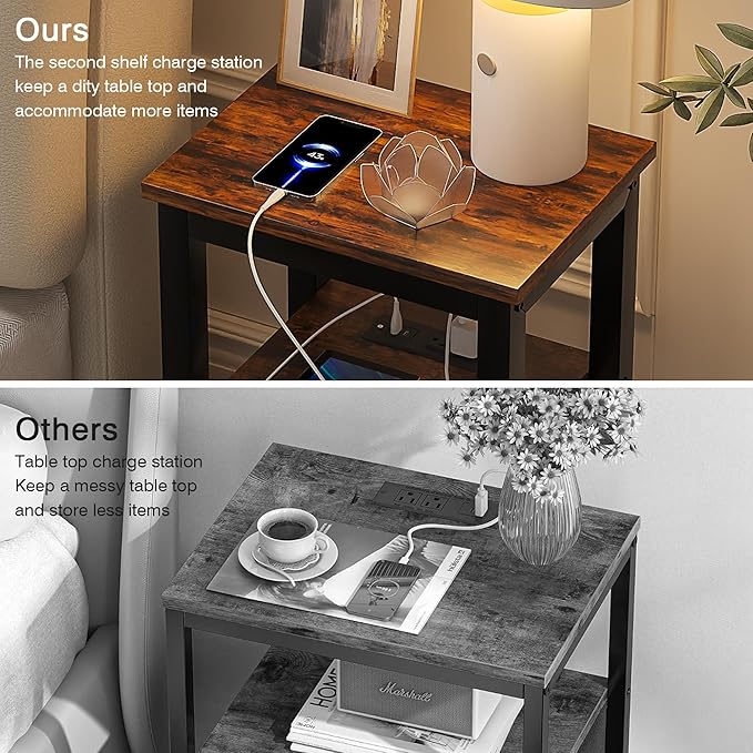 VECELO Modern Nightstands with Charging Station,Side End Table Night Stand with Storage Shelf for Small Spaces, Bedroom,Living Room