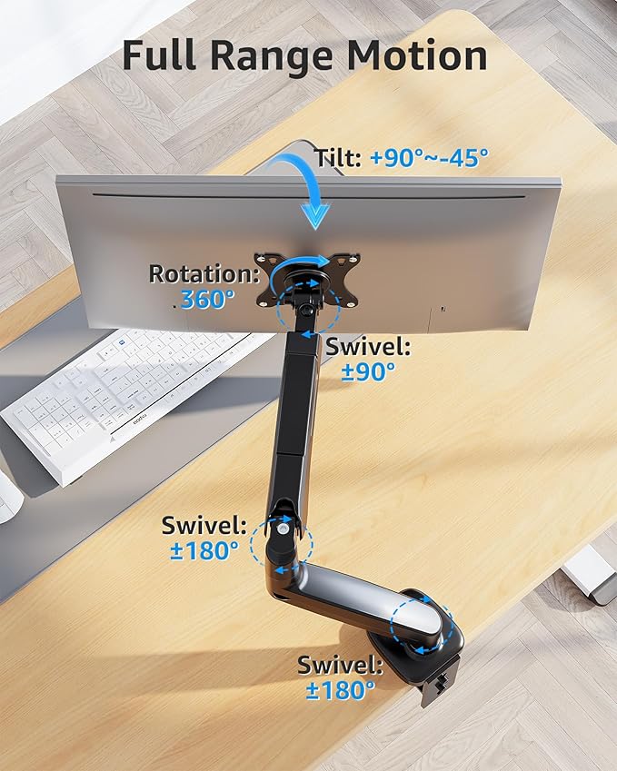 MOUNTUP Single Monitor Desk Mount Holds Screen up to 32 inch, Height Adjustable Monitor Arm, Computer Monitors Stand with Clamp/Grommet Mounting Base, VESA Mounts Fit 4.4-17.6lbs Computer, Black