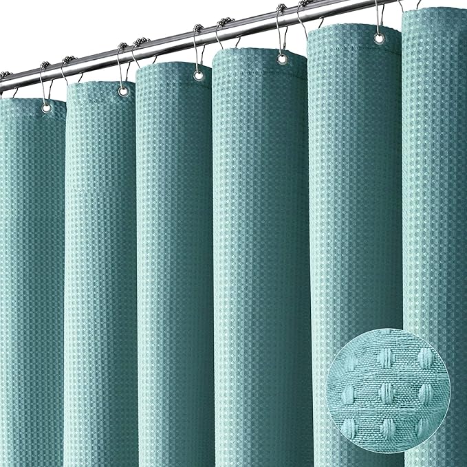 Dynamene Teal Fabric Shower Curtain for Bathroom - Waffle Weave Heavy Duty Cloth , 256GSM Hotel Luxury Weighted Polyester Bath Curtain Set with 12 Plastic Hooks,72x72, Teal/Turquoise