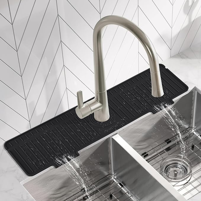 Kitchen Sink Splash Guard, 20 inch Silicone Faucet Guard & Draining Mat, 10° Large Slope Sink Faucet Mat Splash Guard, Bathroom Sink Organizer, Kitchen Sink Accessories Gadgets, 20 x 5.5”, Black