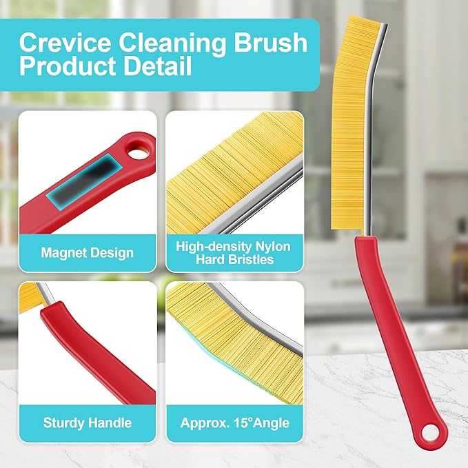 JOYMOOP 4 Pack Crevice Cleaning Brush, Red Hard Bristle Grout Brush, House Cleaning Supplies, Magnetic Gap Cleaning Brush for Kitchen, Bathroom, Window, Toilet, Multifunctional Cleaning Tools