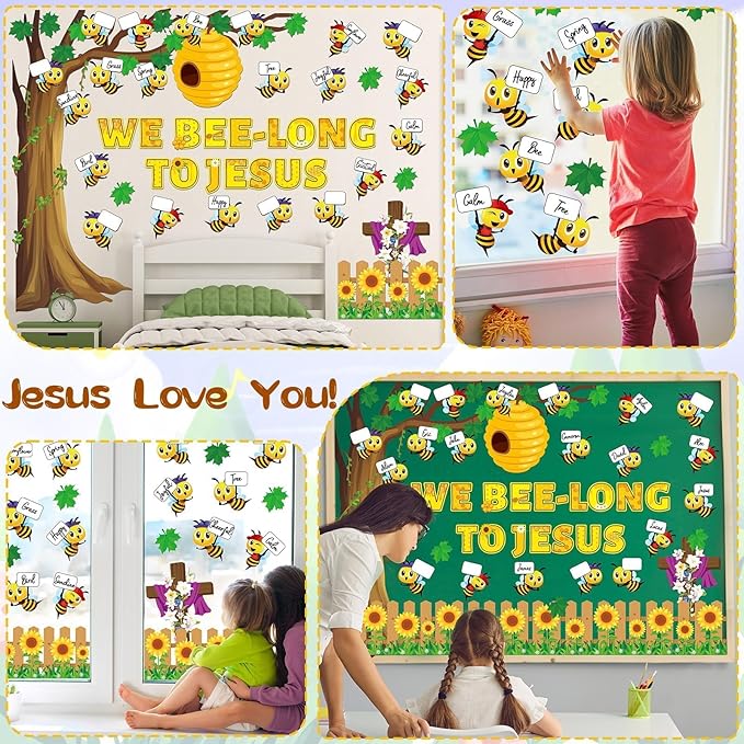 gisgfim Bee Bulletin Board Decoration Set Bee Jesus Religious Borders Cutouts for Classroom Door VBS Christian Sunday School Sunnmer Welcome Bulletin Board Craft Home Wall (We Bee-Long to Jesus)