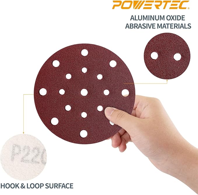 POWERTEC 45808, 6" x17 Holes, 80 Grit, A/O Hook and Loop Disc for Festool RO150 / ETS 150 Sander, Red, 50PK