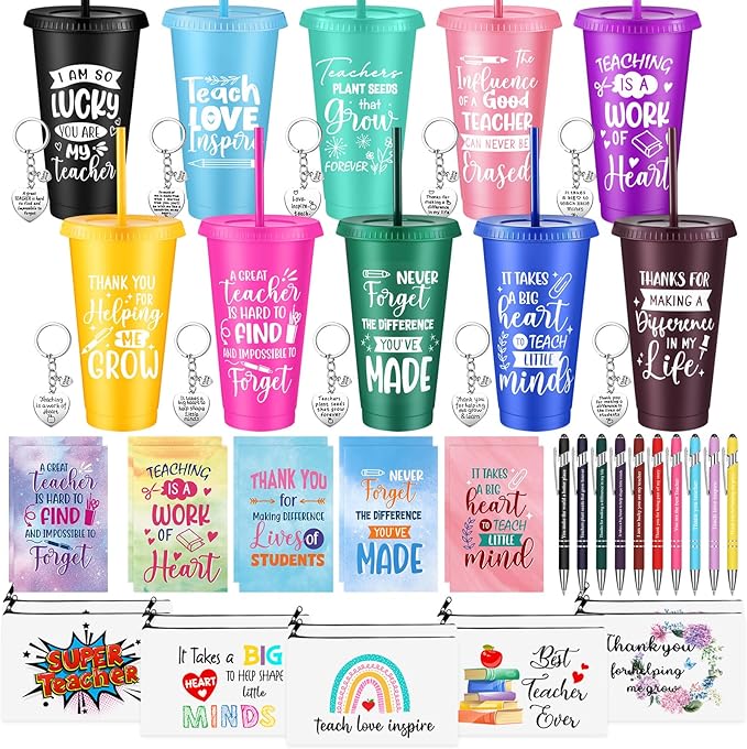 50 Pcs Teacher Appreciation Gift for Women 24 oz Thank You Plastic Tumbler with Inspirational Notepads Ballpoint Pens Makeup Bag Keychain Xmas Gifts for Principals Professors Staff