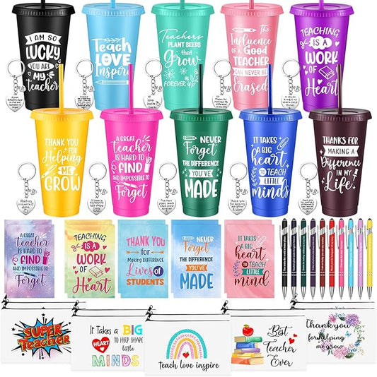 50 Pcs Teacher Appreciation Gift for Women 24 oz Thank You Plastic Tumbler with Inspirational Notepads Ballpoint Pens Makeup Bag Keychain Xmas Gifts for Principals Professors Staff