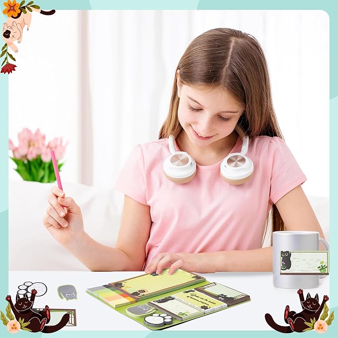 B1ykin Cute Sticky Notes Set - Wildflower Lovely Black Shaped Self-Stick Notes Pad, 550 Sheets Writing Memo Pages Sticky Notepad for Teacher Appreciation Gifts, School Office Supplies (Cat Floral)