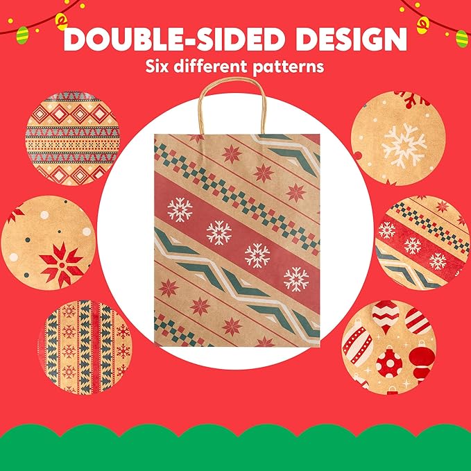 JOYIN 24 PCS Christmas Kraft Gift Bags Xmas Holiday Paper Goody Wrap Shopping Bags with Handles for Holiday Presents, Giant Gifts Decorations, Classrooms and Party Favors (10 x 13 x 5)
