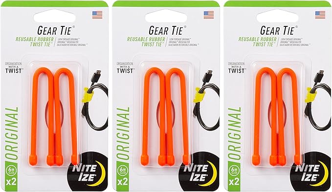 Nite Ize Gear Tie 6" Bright Orange Reusable Rubber Twisty Ties (3-Pack of 2)3