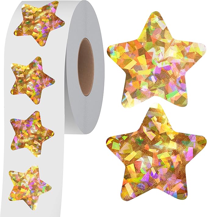 500 PCS Holographic Gold Star Stickers, Self Adhesive Metallic Glitter Foil Stickers Reflective Star Stickers Reward Behavior Chart Labels for Kids Students Teachers Supplies