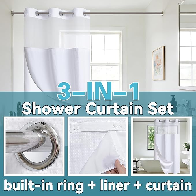 Conbo Mio Stall No Hook Waffle Weave Shower Curtain with Snap in Liner Set, Hotel Luxury White Shower Curtains for Bathroom with See Through Top Window, Waterproof, Washable 36W x 74H