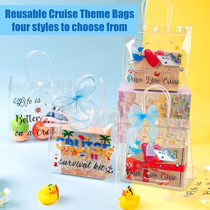 H1vojoxo Summer PVC Gift Bags - 24PCS Cruise Clear PVC Gift Bags with Handle and Blue Ribbon 4 Styles Waterproof and Reusable Cruise Beach Theme Transparent Tote Bag Nautical Party Favor Bag
