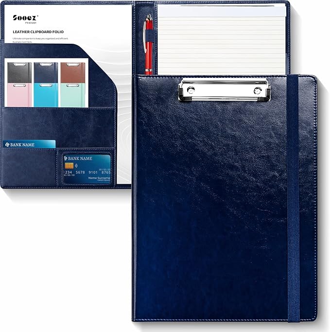 Sooez Padfolio Clipboard, Portfolio Organizer with Notepad, Premium PU Leather Clipboard Folder for Legal Pad, Versatile Clipfolio with Storage, Letter Size Document Holder for School Office Navy Blue