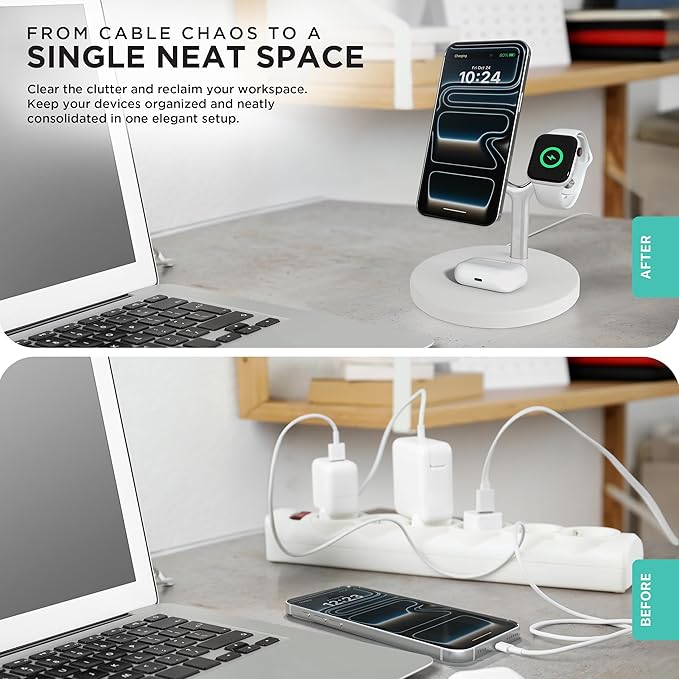 iHome Magnetic Charging Stand, 15W Wireless Charger for iPhone, Apple Watch & AirPods (4-in-1)