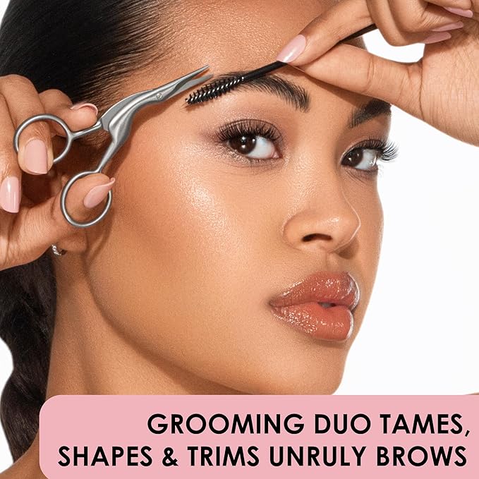 JAPONESQUE Brow Scissors and Spoolie, Stainless Steel Scissors for Brow Grooming and Trimming, Brush Tool for Brow Shaping