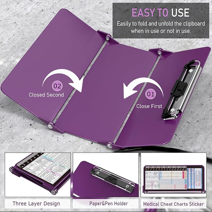 Nursing Clipboard Foldable w/Nursing Edition Cheat Charts, 3 Layers Aluminum, Nurse Board w/Low Profile Clip&Pen Clip Pocket Blank for Nurses, Doctors, Dark Purple