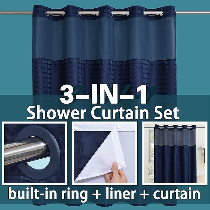 Conbo Mio Extra Long No Hook Shower Curtain with Snap in Liner Set, Hotel Luxury Navy Blue Shower Curtains for Bathroom with See Through Top Window, Waterproof, Washable 71W x 84H