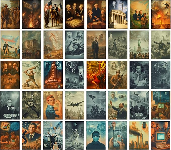 US American Goverment History Posters - 4x6 Inches Set of 40 Pcs Double Sided Classroom Must Haves Flash Card - Time Line Bulletin Board Classroom Decor for Middle High School - Teacher Supplies Kit