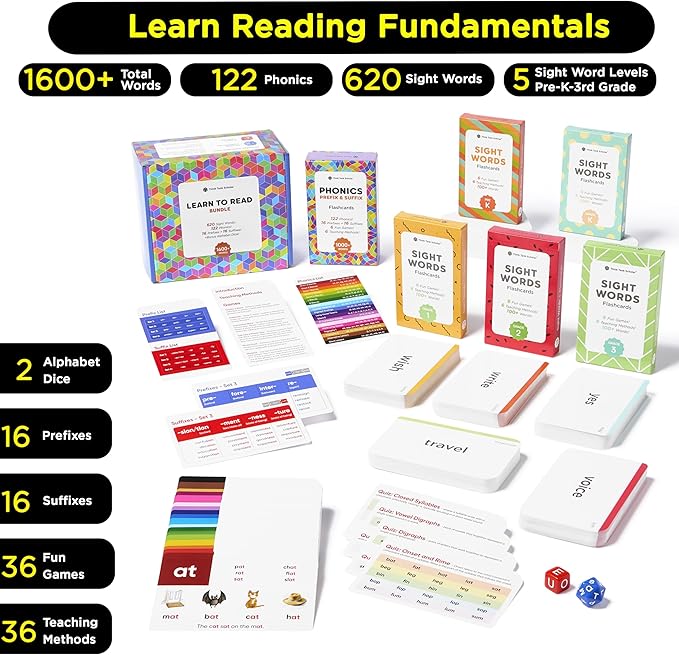 Award-Winning Learn to Read Flash Card Bundle – 1600+ Words: Sight Words, Phonics, Prefixes & Suffixes – 36 Games, 36 Tips, 2 Dice – Pre-K to 3rd Grade