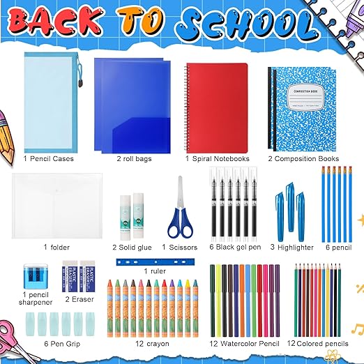 39 Pcs Back to School Supplies Essentials Bundle Include Pencils Scissors Ruler Eraser Crayon Sharpener Notebook Pencil Case Folder Notebook(Blue)
