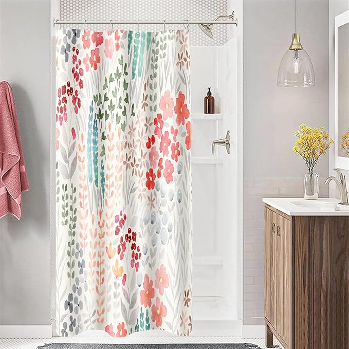Small Stall Shower Curtain 36 x 72 Inch, Half Narrow Cute Floral Shower Curtain for Bathroom, Retro Red Teal Wildflower Boho Cottagecore Fabric Shower Curtain Set with Hooks