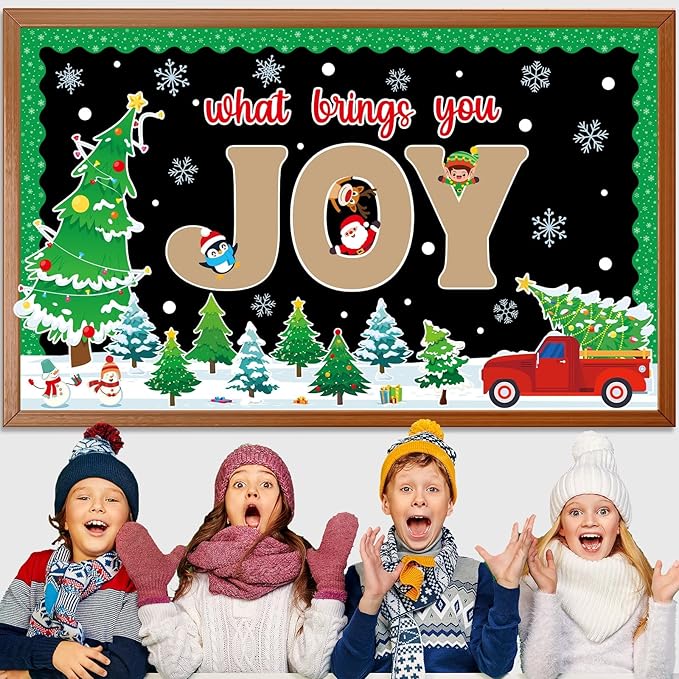 Christmas Winter Bulletin Board Set What Brings You Joy Bulletin Board Classroom Decorations Xmas Tree Snowflake Reindeer Paper Cutouts for Xmas Holiday Classroom School Blackboard Wall Door Decor