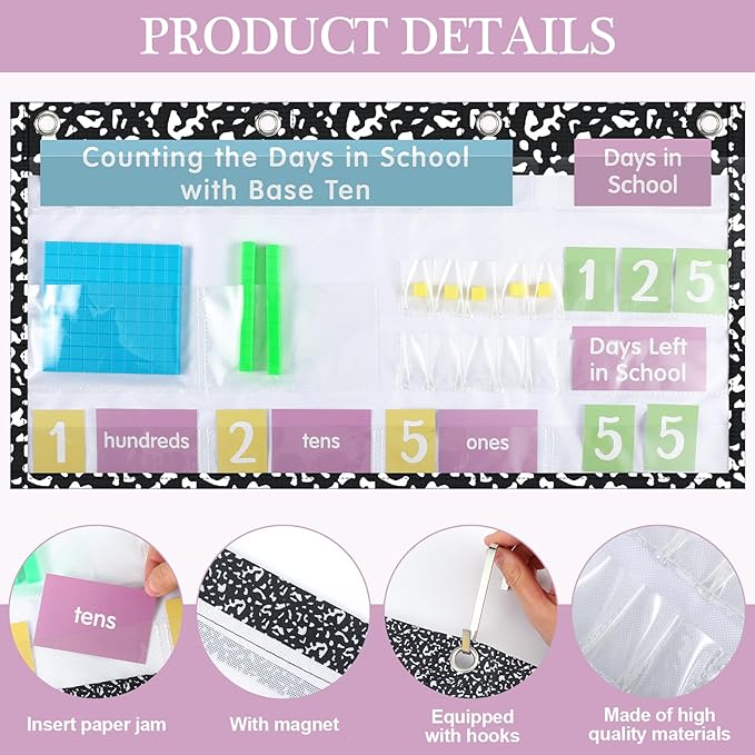 Back to School Counting The Days with Base Ten Pocket Chart Place Value, Counting Caddie Pocket Chart for Classroom Bulletin Board School or Home Decor, 4 Hooks(Black,Composition Notebook)