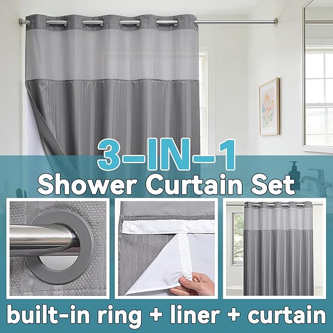 Conbo Mio No Hook Waffle Weave Shower Curtain with Snap in Liner Set, Hotel Luxury Grey Shower Curtains for Bathroom with See Through Top Window, Waterproof, Washable 71W x 74H Stripe