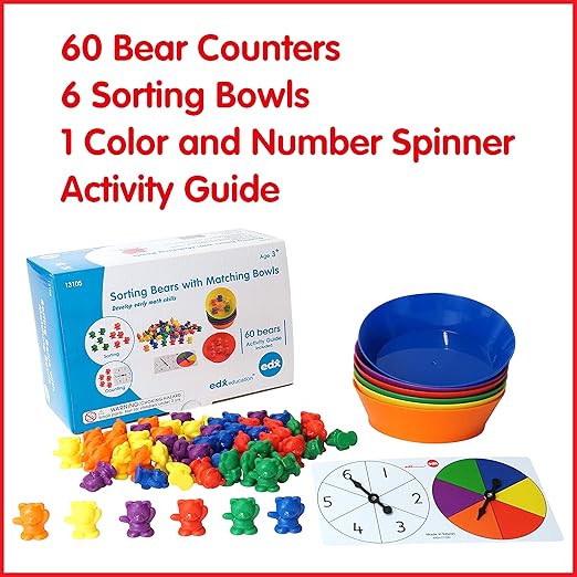 edxeducation Counting Bears with Matching Bowls | 60 Counters, 6 Bowls, 2 Spinners | Color Sorting Sensory Toys | Early Math Manipulatives