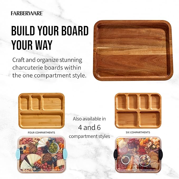 FARBERWARE Build-A-Board Acacia Cutting Board with Built-in Storage Compartments, Clear Locking Lid & White Handles, Great for Charcuterie & Snacks