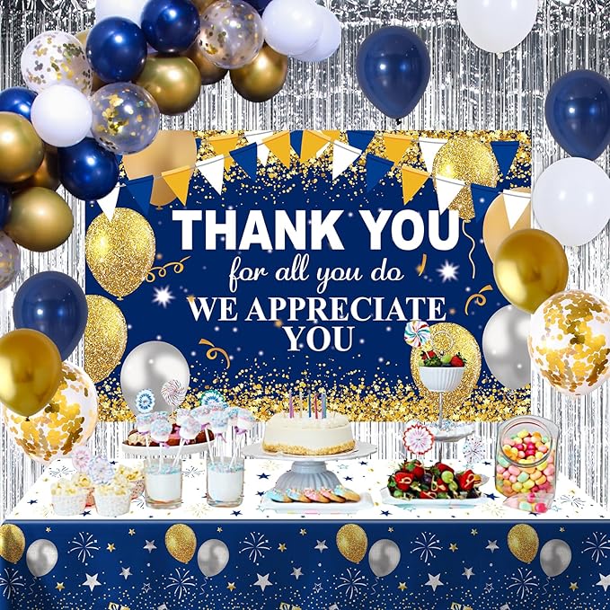 We Appreciate You Decorations Banner Blue and Gold Thank You for All You Do Backdrop, Employee Appreciation Party Decorations Coworkers Teacher Pastor Veterans Day Appreciation Decor Fringe Curtains