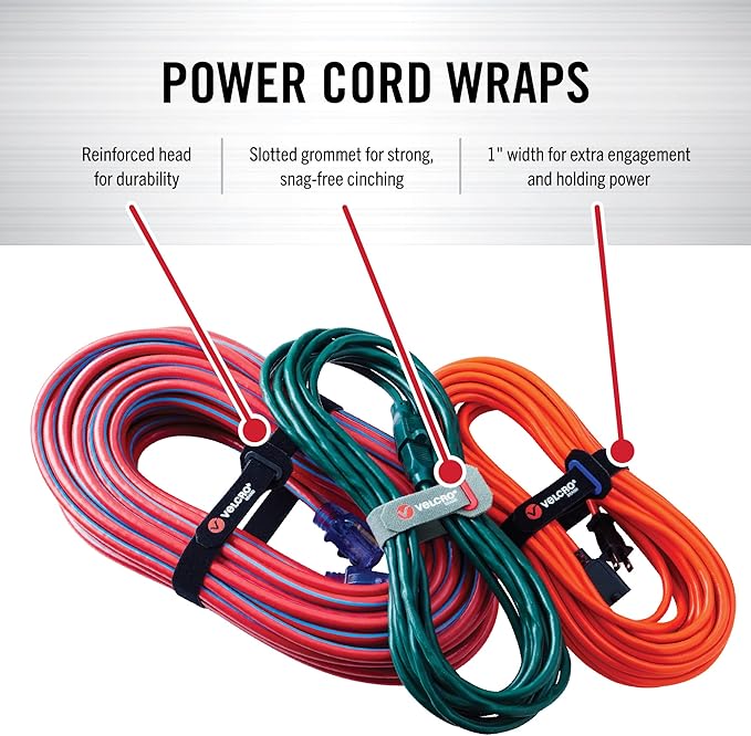 VELCRO Brand Power Cord Wraps | Heavy Duty Straps for Cords, Hoses, Garage or RV Organization | 6pc Multipack | 3 Sizes 12, 16 and 24 Inch | Black and Gray