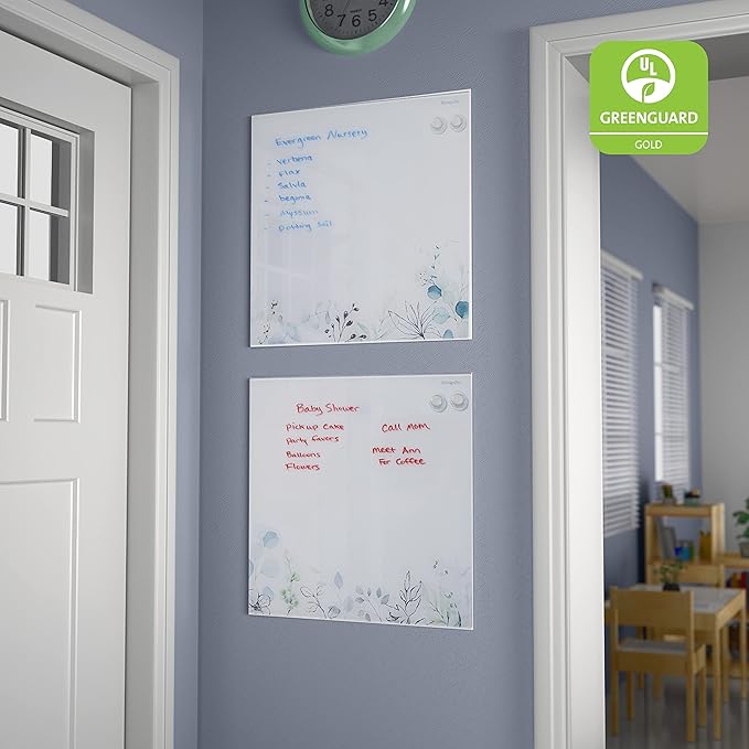ECR4KIDS MessageStor Magnetic Dry-Erase Glass Board with Magnets, 17.5in x 17.5in, Wall-Mounted Whiteboard, Botanical, 2-Pack