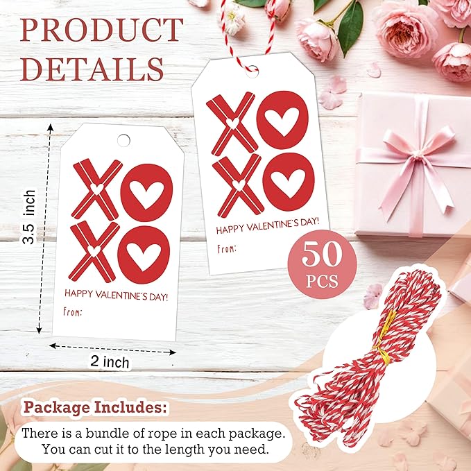 Happy Valentines Tags for Bags, 50Pcs Valentine Gift Label with String, Sweet Themed Party or Valentine' Day Thank You Gift Tags Great for Party Favors-XOXO