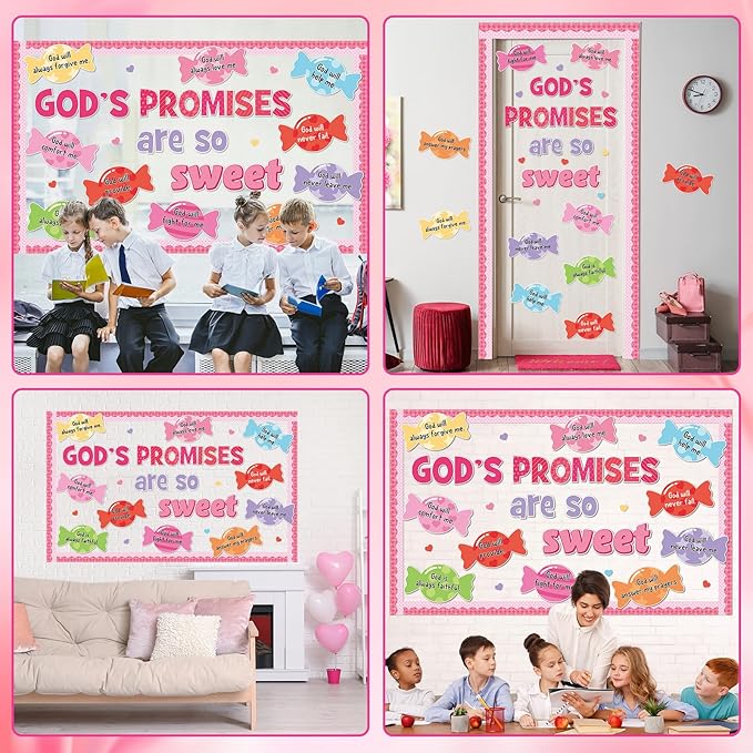 Valentine's Day Sweet Candy Bulletin Board Set Christian Classroom Decorations Valentines Religious God’s Promises Candy Paper Cutouts for Sunday School Church Office Home Chalkboard Wall Door Decor