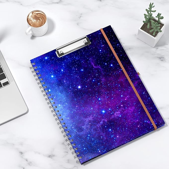 Rimilak Spiral Clipboard Folio with Refillable Lined Notepad, 14.5 x 9.8 In, Hardcover Cover with 5 Interior Pockets, Elastic Band and Pen Loop Series. Cute Stylish Clipfolio, Purple Nebula