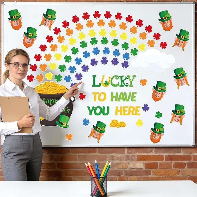 149Pcs St. Patrick’s Day Bulletin Board Decorations Set, Lucky Shamrock Classroom Door Decorations, Irish Clover Paper Cutouts DIY Photo for Teacher Office Home Wall Decor Party Supply