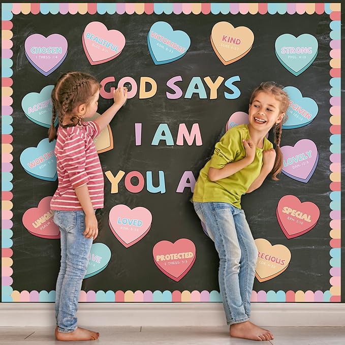 Kosiz 64 Pcs Valentine's Day Christian Hearts Bulletin Board Decoration Religious Candy Heart Cutouts for Church Sunday School Classroom Chalkboard Wall Decor