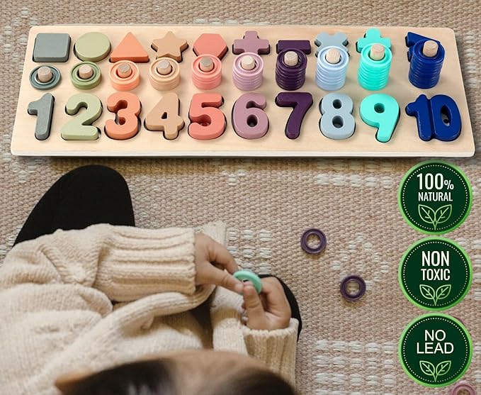 BEKILOLE Wooden Montessori Toys for Kids Toddler Number Puzzles Sorter Counting Shape Stacker Stacking Game Preschool Toys for Boy Girl Learning Education Math Blocks Year Old Girl Gifts (Macron)