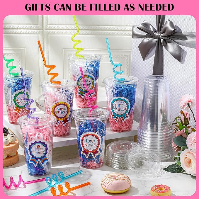 Qinyoung 24 Set Creative Happy Birthday Gifts from Teacher Students Birthday Cups with Lids Colorful Straws Stickers and Raffia Disposable Plastic Cups for Reward Kids Prize Classroom Party Supplies
