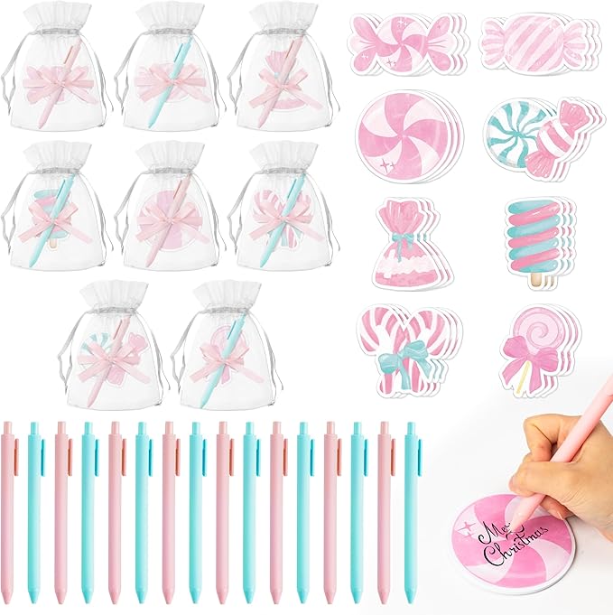 Xqumoi Christmas Pink Candy Sticky Notes with Pen Gift Set - 24 Set Xmas Sweet Self Sticky Writing Memo Pads Ballpoint Pens with Mesh Bag Party Favors School Classroom Rewards Office Supplies