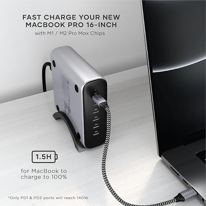Satechi 200W 6-Port GaN Charging Station, 2 140W USB-C and 4 USB-C, Fast Charging Travel Charger for Multiple Devices, for MacBook Air/Pro M5/M4, iPad Air/Pro M5/M4, iPhone 17/16, Thunderbolt Devices