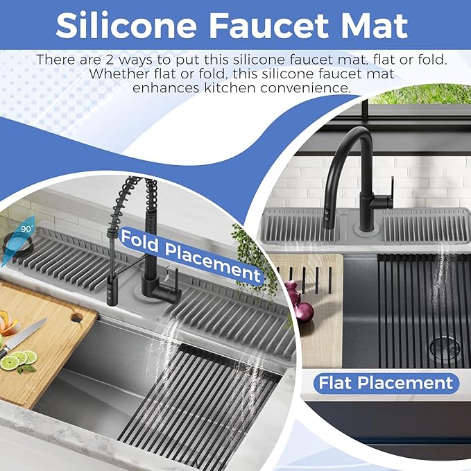 24" Silicone Faucet Mat for Kitchen Sink, 6° Slope Water Draining Mat, Kitchen Sink Splash Guard, Silicone Sink Protector for Kitchen Sink Bathroom Sink with Fasten Button, Dark Grey