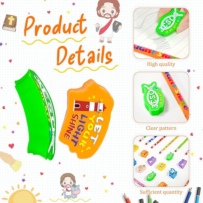 Cinrobiye 48 Pcs Bible Verse Party Favors Sets Religious Motivational Gift Motivational Bible Verse Pencil Case Pouch Pencils Erasers for Religious Gifts Sunday School Prizes Supplies