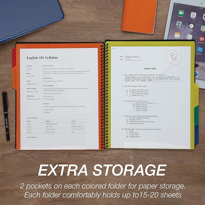 Samsill Spiral Folder Organizer - 5 Dividers & 10 Pockets with Notepad & Clipboard, Multi Pocket Color Cordinated Folder Binder with Customizable Tabs, Document Organizer (Basic)