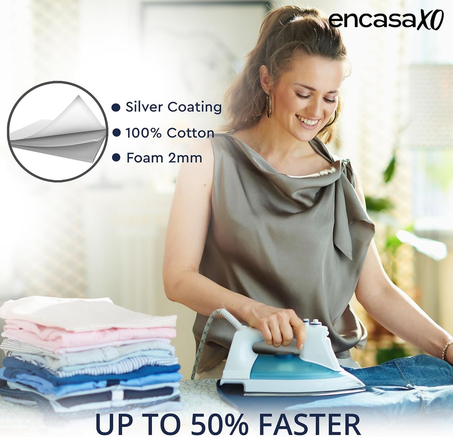 Encasa XO Ironing Board Cover and Pad 54"x15" - Thick 2mm Foam Padding, Drawstring Tightening & Lock, Heat Reflective, Scorch & Stain Resistant, Standard Large Ironing Board - Silver Premium