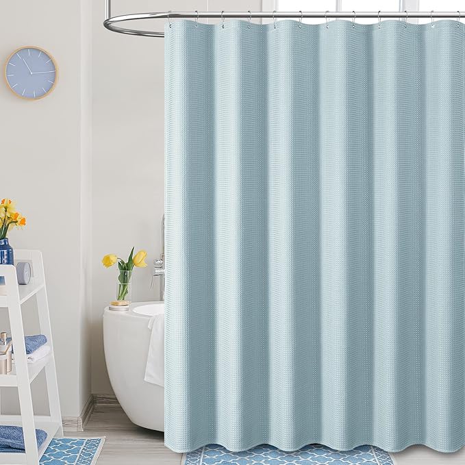Dynamene Extra Wide Shower Curtain-108 Inch Wide Waffle Weave Weighted Thick Cloth Bathroom Shower Curtain, Neutral Heavy Duty Hotel Bath Curtain Set with 18 Plastic Hooks,108x72, Fog Blue