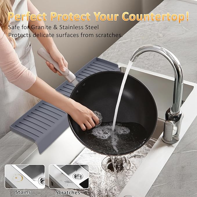 Sink Edge Protector with Suction Cup 14" 20" 24" 30", Silicone Sink Splash Guard for Kitchen & Bathroom, Protect Countertop from Scratches, Stains, for Stainless Steel Granite Quartz-Grey